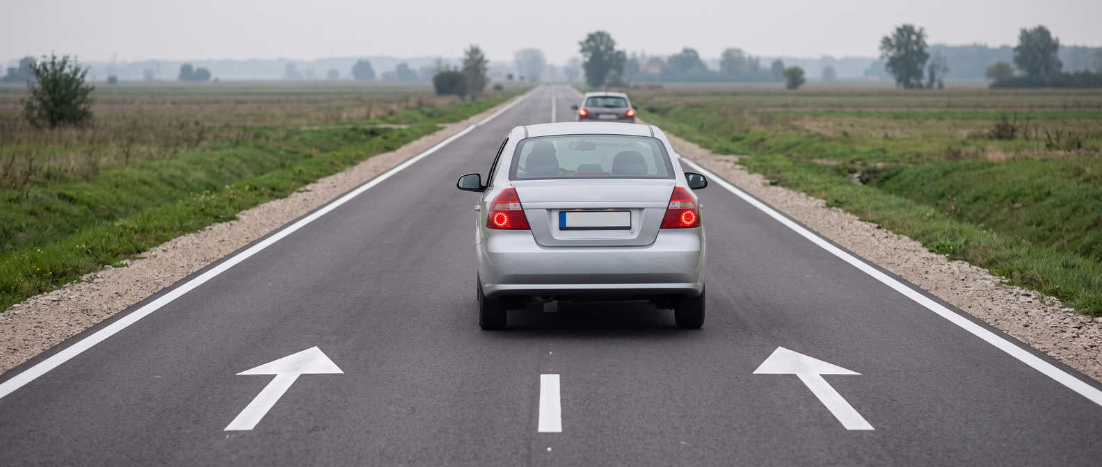 Samochód jadący okrakiem na linii przerywanej, zajmujący dwa pasy ruchu, niezgodnie z przepisem